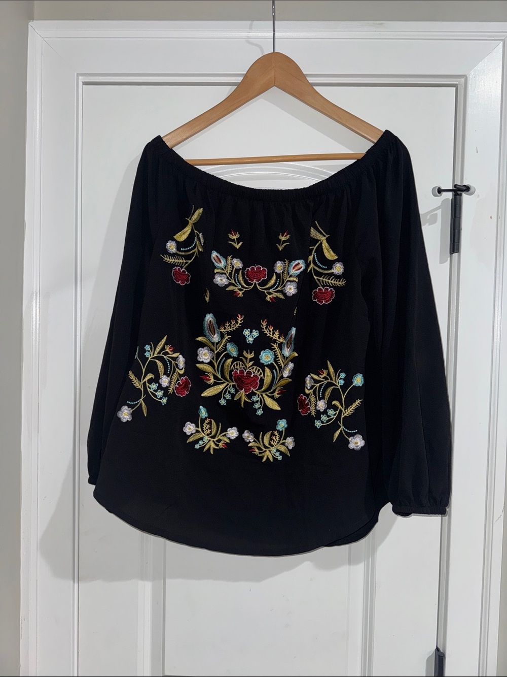 Black Off-Shoulder Blouse with Multicolor Floral Embroidery